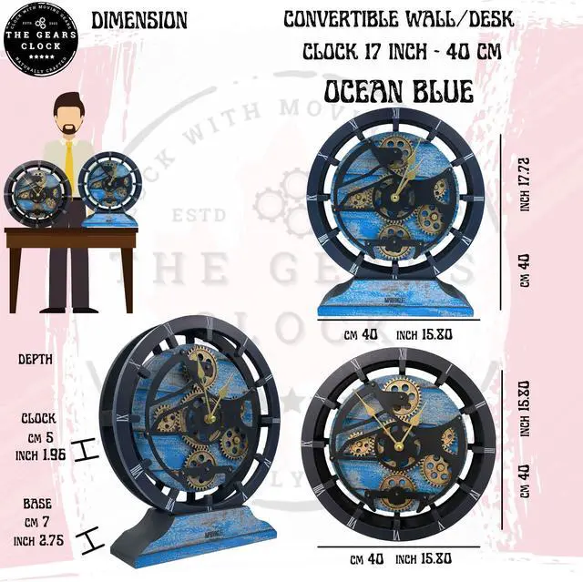 Alt view image 5 of 5 - The Gears Clock 16 inches Wall Clock With Real Moving Gears convertible into a big Mantel Clock Ocean Blue