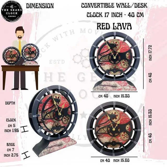 Alt view image 5 of 5 - The Gears Clock 16 inches Wall Clock With Real Moving Gears convertible into a big Mantel Clock Red Lava