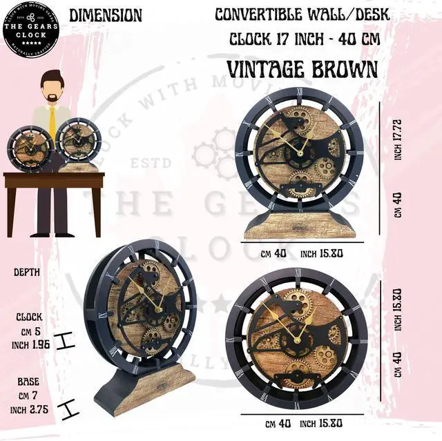 Alt view image 7 of 7 - The Gears Clock 16 inches Wall Clock With Real Moving Gears convertible into a big Mantel Clock Vintage Brown