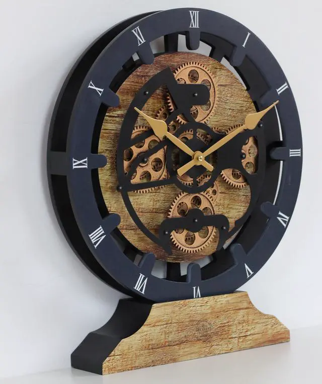 Alt view image 3 of 7 - The Gears Clock 16 inches Wall Clock With Real Moving Gears convertible into a big Mantel Clock Vintage Brown