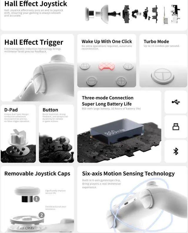Alt view image 2 of 7 - PB TAILS Crush Bluetooth Wireless HAll Joysticks Gaming Controllers  China White Nintendo Switch PC STEAM 256RGB Colors adjustable Magcase