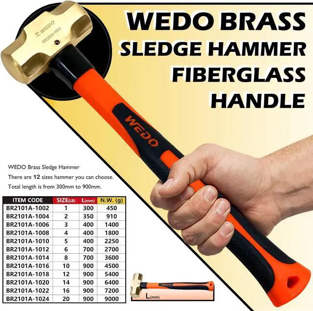 Alt view image 2 of 6 - WEDO Brass Sledge Hammer With Fiberglass Handle, Non-Magnetic, Die-Forge, Corrosion Resistant, DIN Standard, 8lb, 700mm, 16"