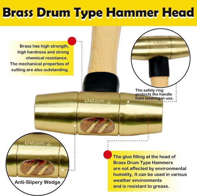 Alt view image 3 of 6 - WEDO Brass Hammer 2lb,Wooden Hammer,Sledge Hammer,Solid Brass Mallet Hammer,Wooden Hammer Handle,Length 320mm,Die-Forged, Corrosion Resistant, DIN Standard