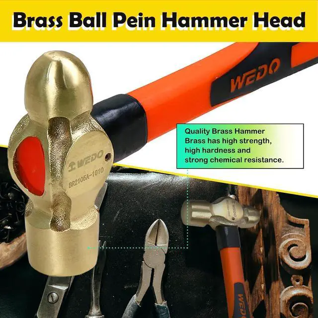 Alt view image 3 of 6 - WEDO Brass Ball Peen Hammer with Fiberglass Handle,Ball Pein Hammer, 1/2lb, 280mm, 11"