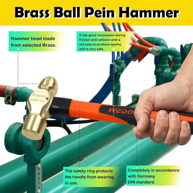 Alt view image 5 of 6 - WEDO Brass Ball Peen Hammer with Fiberglass Handle,Ball Pein Hammer, 3/4lb, 280mm, 11"