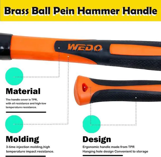 Alt view image 4 of 6 - WEDO Brass Ball Peen Hammer with Fiberglass Handle,Ball Pein Hammer, 2lb, 340mm, 13.5"