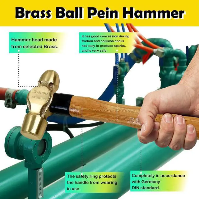 Alt view image 5 of 6 - WEDO Brass Ball Peen Hammer with Wooden Handle,Ball Pein Hammer, 3/4lb, 300mm, 12"