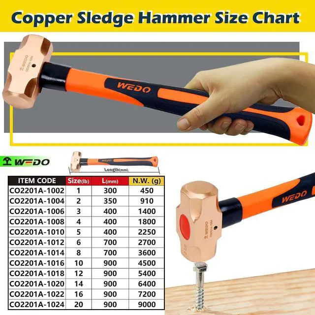 Alt view image 2 of 7 - WEDO Copper Sledge Hammer with Fiberglass Handle,Long Straight Handle,Length 300mm(12"),1lb