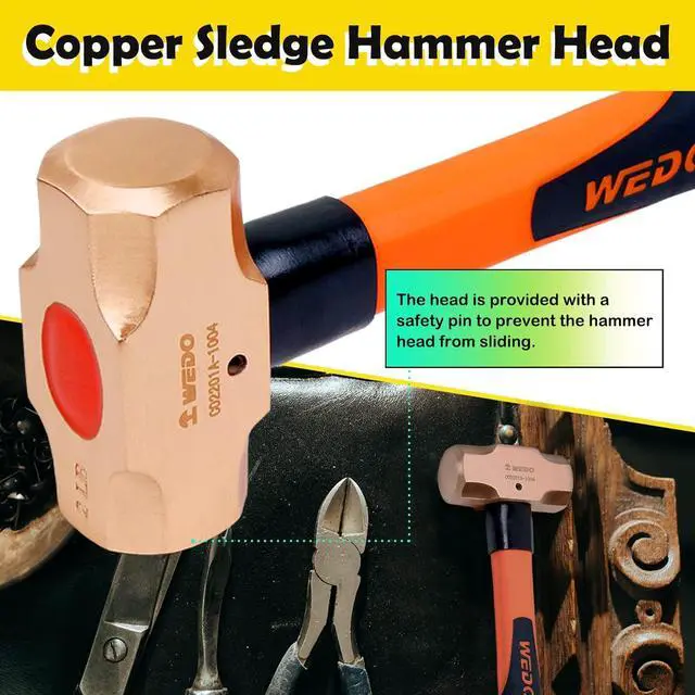 Alt view image 3 of 7 - WEDO Copper Sledge Hammer with Fiberglass Handle,Long Straight Handle,Length 400mm(16"),5lb