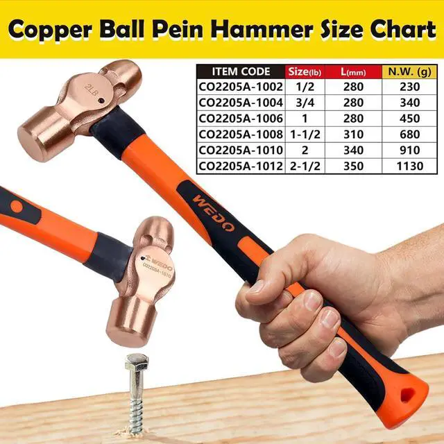 Alt view image 2 of 6 - WEDO Copper Ball Peen Hammer 12 oz(3/4lb), Ball Pein Hammer with Fiberglass Handle, Length 300mm(12"), Die-Forged, Corrosion Resistant, DIN Standard