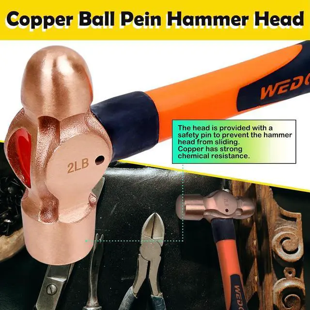 Alt view image 3 of 6 - WEDO Copper Ball Peen Hammer 12 oz(3/4lb), Ball Pein Hammer with Fiberglass Handle, Length 300mm(12"), Die-Forged, Corrosion Resistant, DIN Standard
