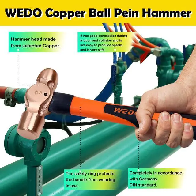 Alt view image 5 of 6 - WEDO Copper Ball Peen Hammer 12 oz(3/4lb), Ball Pein Hammer with Fiberglass Handle, Length 300mm(12"), Die-Forged, Corrosion Resistant, DIN Standard