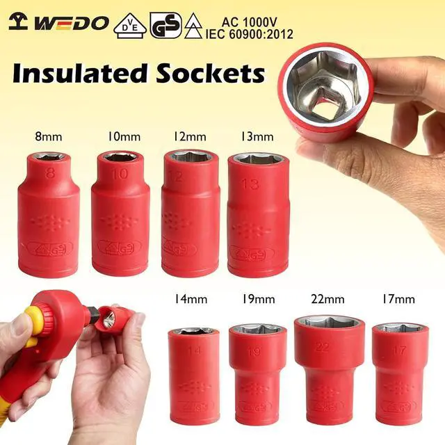 Alt view image 2 of 7 - WEDO Insulated 3/8" Socket Set 16Pcs, VDE 1000V Electrician Socket Wrench Kit, 8 Socket 6 pt, Ratchet Wrench,T-Type Handle, 2 Driver Extension, 4 Hexagon Sockets, IEC 60900