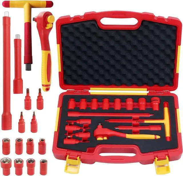 Main image of WEDO Insulated 3/8" Socket Set 16Pcs, VDE 1000V Electrician Socket Wrench Kit, 8 Socket 6 pt, Ratchet Wrench,T-Type Handle, 2 Driver Extension, 4 Hexagon Sockets, IEC 60900