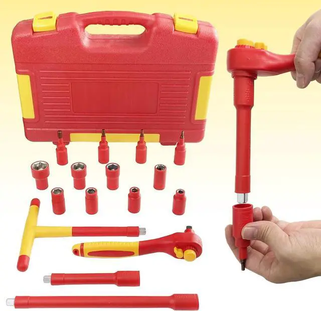 Alt view image 7 of 7 - WEDO Insulated 3/8" Socket Set 16Pcs, VDE 1000V Electrician Socket Wrench Kit, 8 Socket 6 pt, Ratchet Wrench,T-Type Handle, 2 Driver Extension, 4 Hexagon Sockets, IEC 60900