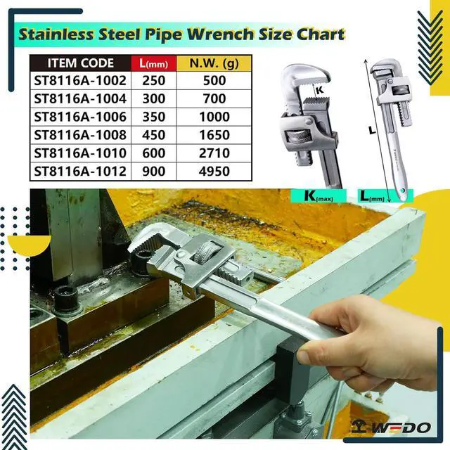 Alt view image 2 of 6 - WEDO Stainless Steel Pipe Wrench, Straight Pipe Wrench, Adjustable Plumbing Wrench Spanner, Anti-corrosion, Polished Surface, Durable, British Type, 350mm, 14" Length