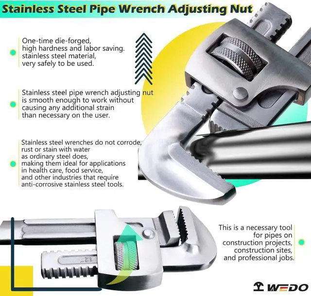 Alt view image 4 of 6 - WEDO Stainless Steel Pipe Wrench, Straight Pipe Wrench, Adjustable Plumbing Wrench Spanner, Anti-corrosion, Polished Surface, Durable, British Type, 350mm, 14" Length