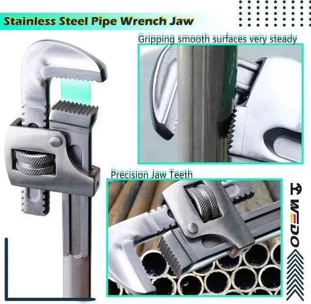 Alt view image 3 of 6 - WEDO Stainless Steel Pipe Wrench, Straight Pipe Wrench, Adjustable Plumbing Wrench Spanner, Anti-corrosion, Polished Surface, Durable, British Type, 350mm, 14" Length