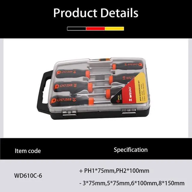 Alt view image 2 of 3 - WEDO 6Pcs Screwdriver Set, Magnetic Screwdriver with 2 Flat& 4 Philips Head Tips with Case Package, PH1*75mm, PH2*100mm, 3 * 75mm, 5 * 75mm, 6 * 100mm, 8 * 150mm, Heavy Duty S2 Steel Made