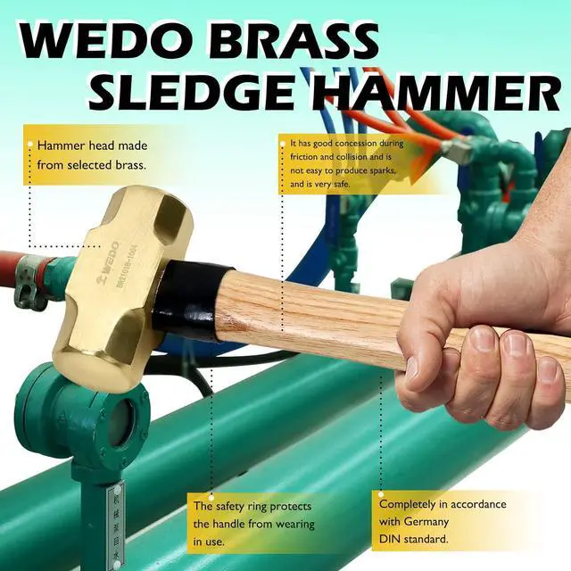 Alt view image 5 of 6 - WEDO Brass Sledge Hammer with Wooden Handle, 4lb, 380mm, 15"