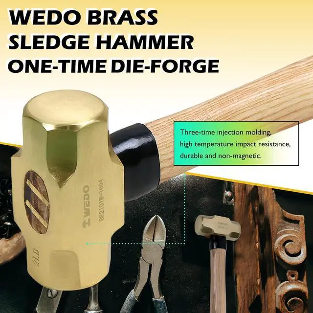 Alt view image 3 of 6 - WEDO Brass Sledge Hammer with Wooden Handle, 4lb, 380mm, 15"