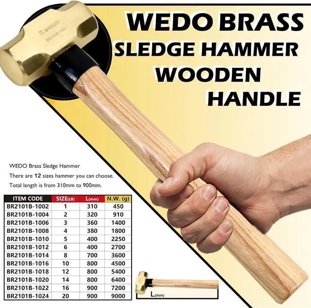 Alt view image 2 of 6 - WEDO Brass Sledge Hammer with Wooden Handle, 4lb, 380mm, 15"