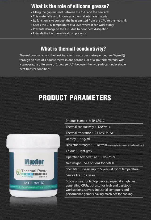 Alt view image 3 of 7 - Maxtor Thermal CPU Thermal Paste 12W/mk High-Performance Thermal Grease 150g - Premium Heat Conductive Compound for PC/GPU/PS4 Cooling Fans, Computer Heatsinks, MCU & 5G Devices