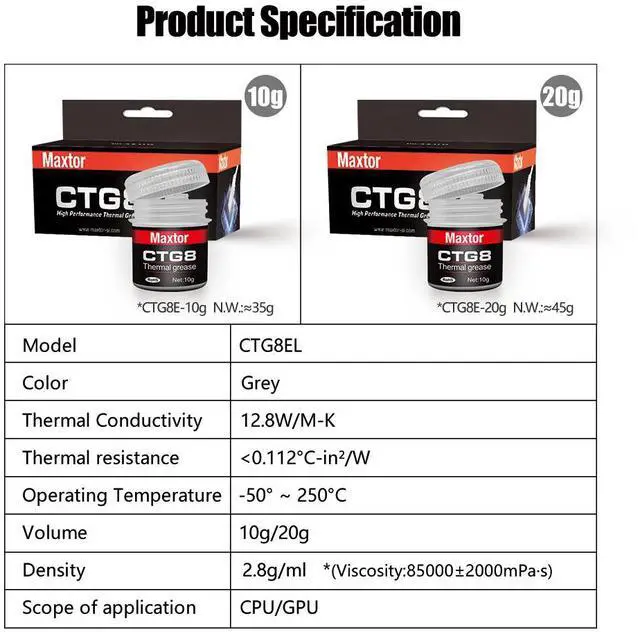 Alt view image 2 of 5 - Maxtor Thermal CTG8 12.8W/mk thermal paste,Gaming grade CPU/GPU/cooling fan overclocking thermal grease,High TDP device cooling solution,4g syringe installation 20 g