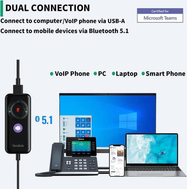 Alt view image 2 of 5 - Yealink USB Headset UH38, Wired Softphone Headset Teams Certified with Microphone,in Line Controls Built in Bluetooth, Connect to PC/Laptop/Mac/Tablet/Cell Phone (USB-A)