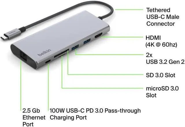 Alt view image 2 of 5 - Belkin 7-in-1 USB-C Hub, Multiport Adapter Dongle with 4K 60Hz HDMI, 100W Power Delivery, 2.5Gb, 2 USB A Ports, SD and MicroSD Slot for MacBook Pro 14 and 16, iPad Pro 12.9 & 11, XPS, Surface and More