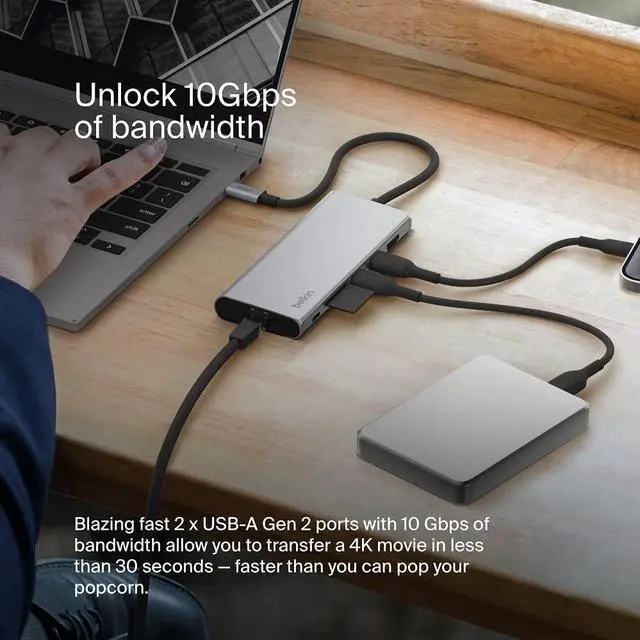 Alt view image 4 of 5 - Belkin 7-in-1 USB-C Hub, Multiport Adapter Dongle with 4K 60Hz HDMI, 100W Power Delivery, 2.5Gb, 2 USB A Ports, SD and MicroSD Slot for MacBook Pro 14 and 16, iPad Pro 12.9 & 11, XPS, Surface and More