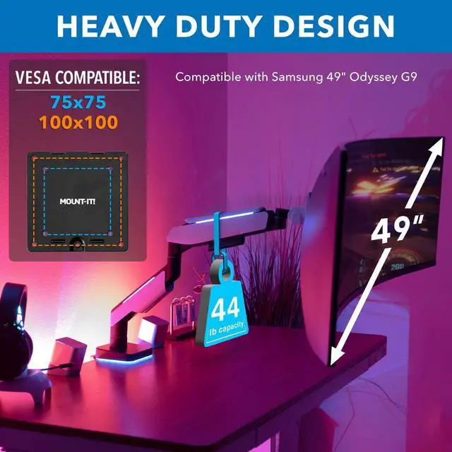 Alt view image 3 of 5 - Mount-It! Heavy-Duty Ultrawide Monitor Arm up to 49" / 44 lb for Samsung Odyssey G9, 75x75 and 100x100 VESA Desk Mount for Widescreen Curved Monitors, Gas Spring, RGB Lights, Clamp and Grommet