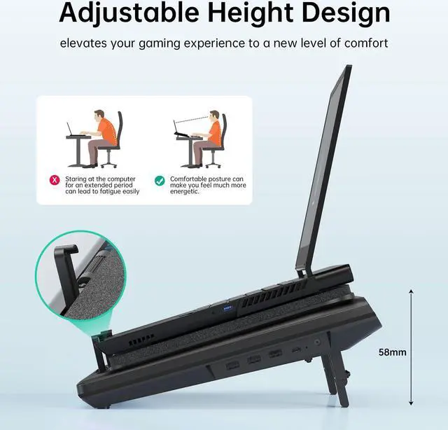 Alt view image 5 of 5 - llano Gaming Laptop Cooling Pad, Laptop Cooler Stand with 5.5inch External Cooling Fan, Fast Cooling Computer Laptop 15-21in, Adjustable Speed, Touch Control, 3-Port USB A, a Mouse Pad Included