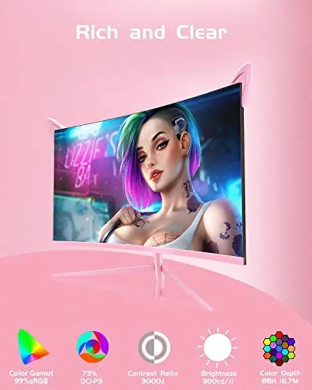 Alt view image 4 of 5 - FYHXele FY27FHP Pink Monitor 27 Inch Curved Gaming 165Hz - Support 144Hz 1800R 1ms 1920x1080P VA Screen, Built-in Speakers, AMD Free-Sync, HDMI, DP, USB, AUX, Tilt Adjustable