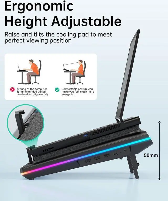 Alt view image 3 of 4 - llano RGB Laptop Cooling Pad with Powerful Turbofan, Gaming Laptop Cooler Radiator with Infinitely Variable Speed, Touch Control, LCD Screen, 3-Port USB Hub, Seal Foam for Rapid Cooling Laptop 15-19in