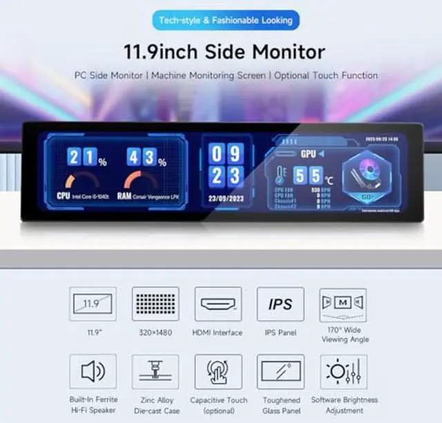 Alt view image 3 of 5 - waveshare 11.9inch IPS Display, Compatible with Raspberry Pi 5/4B/3B+/3A+/2B/B+/A+/Zero/Zero W/WH/Zero 2W CM3+/4, 5-Point Touch, Driver Free, with Touch Function