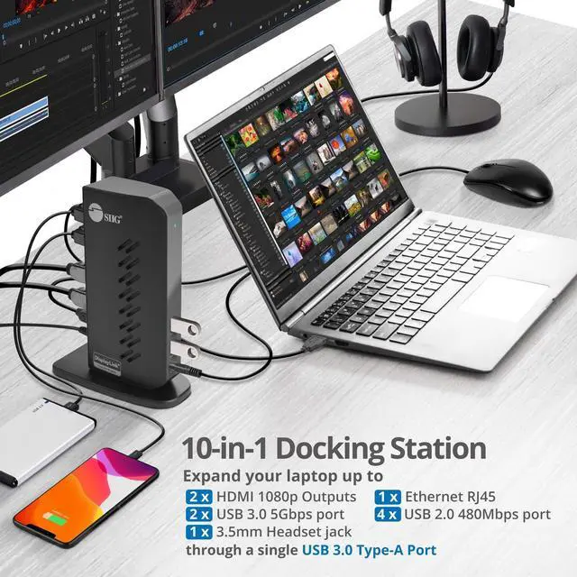 Alt view image 4 of 5 - SIIG USB 3.0 Dual Monitor Docking Station - Up to 1080p, 2X HDMI Ports, 2X USB 3.0 Ports, 4X USB 2.0, Gigabit Ethernet, 3.5mm Headset, Compatible with Windows & Mac M1/M2/M3 Pro&Max (JU-DK0L11-S1)