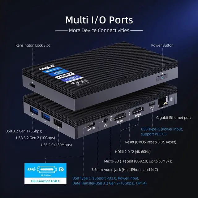 Alt view image 2 of 5 - MeLE Quieter4C Fanless Mini PC Windows 11 Pro 16GB DDR4 512GB ROM Micro PC Alder Lake N100(up to 3.4GHz) Small Form Factor PC USB-C 2 X HDMI 4K@60 Triple Display Desktop Computers with VESA Mount