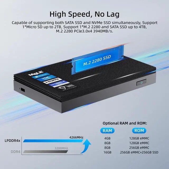 Alt view image 4 of 5 - MeLE Mini PC Quieter 4C - 12th Gen N100, Fanless Design, 16GB RAM, 512GB ROM, Windows 11 Pro, Dual LAN, 2.4/5G Wi-Fi, Full-Functional USB-C, 4K Triple Display Desktop on Home, Office, Education, IoT