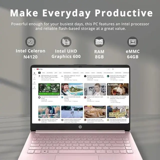 Alt view image 2 of 5 - HP Stream 14" HD BrightView Laptop, Intel Celeron N4020 Processor, 8GB RAM, 64GB Storage, Intel HD Graphics, 720p Webcam, 1 Year Office 365, Pink, Win 11 S, 32GB Hotface USB Card