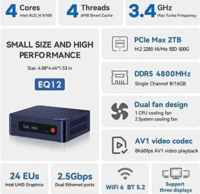 Alt view image 3 of 5 - Beelink EQ12 Mini PC, Newest Intel 12th N100(Up to 3.4GHz) 4C/4T, Mini Computer 16GB DDR4 RAM 500GB SSD, Mini Computer Dual HDMI 4K UHD Output/BT5.2/WiFi6/Gigabit Ethernet for Family-NAS/HTPC