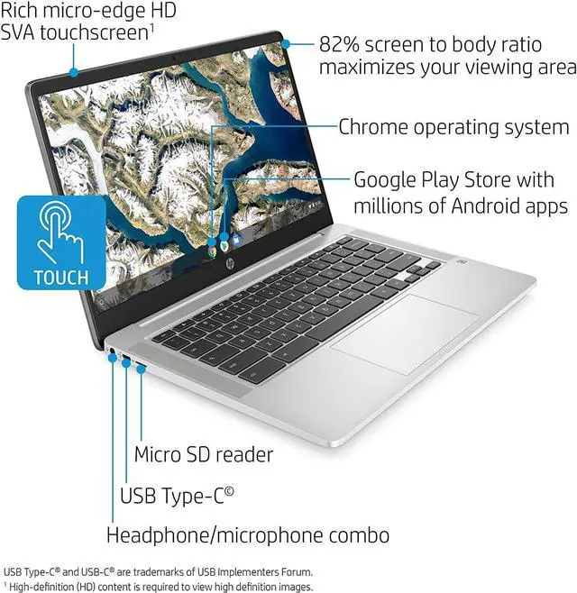 Alt view image 2 of 4 - HP Chromebook 14-inch HD Touchscreen Laptop, Intel Celeron N4000, 4 GB RAM, 32 GB eMMC, Chrome (14a-na0080nr, Forest Teal)