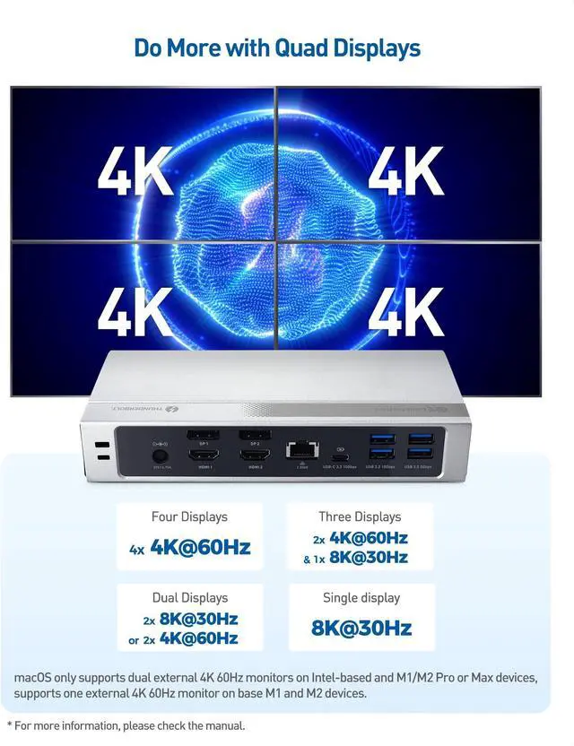 Alt view image 3 of 5 - [Intel Certified] Cable Matters 16-in-1 40Gbps Thunderbolt 4 Dock with Quad 4K Video(2x DisplayPort, 2x HDMI) for Windows, Dual 4K (DP or HDMI) for MacBook Pro with M1/M2/M3 Pro, M1/M2/M3 Max, 100W PD
