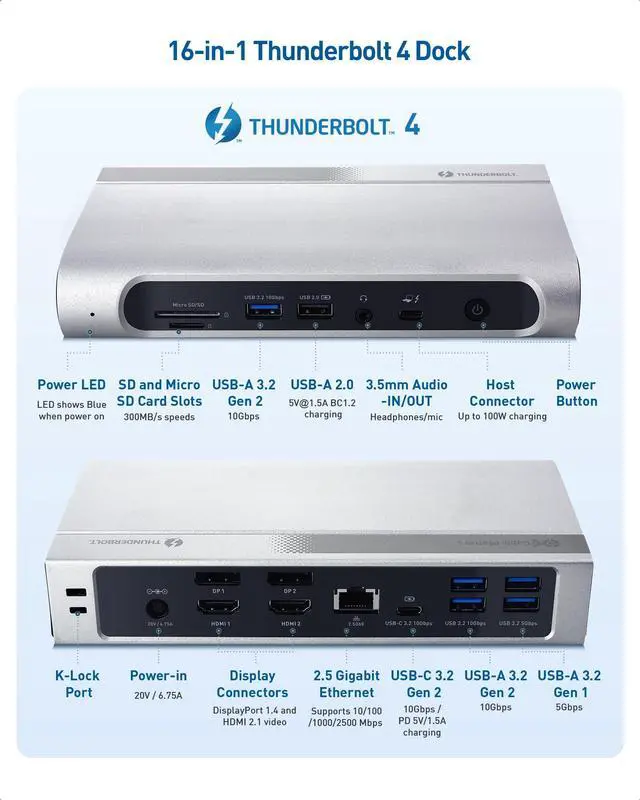 Alt view image 2 of 5 - [Intel Certified] Cable Matters 16-in-1 40Gbps Thunderbolt 4 Dock with Quad 4K Video(2x DisplayPort, 2x HDMI) for Windows, Dual 4K (DP or HDMI) for MacBook Pro with M1/M2/M3 Pro, M1/M2/M3 Max, 100W PD