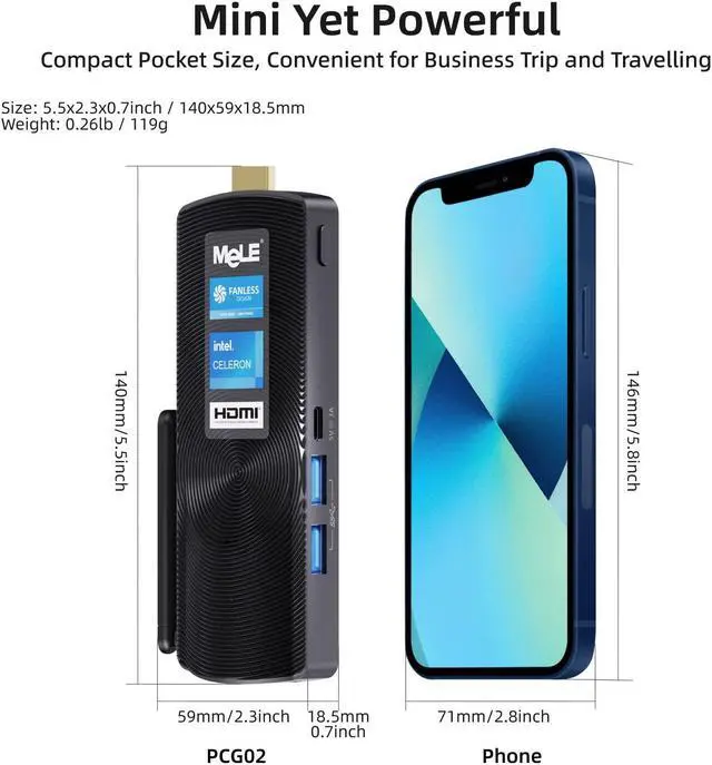 Alt view image 2 of 5 - MeLE Fanless Mini PC Stick PCG02 Windows 11 Home N4000 4GB RAM 128GB IoT Industrial Desktop Computer Support Windows 10 11 Linux Ubuntu Debian 4K HDMI Auto Power on Small Micro PC with Ethernet