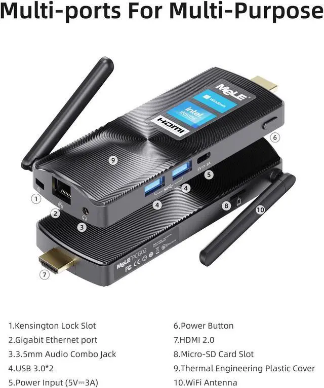 Alt view image 4 of 5 - MeLE Fanless Mini PC Stick PCG02 Windows 11 Home N4000 4GB RAM 128GB IoT Industrial Desktop Computer Support Windows 10 11 Linux Ubuntu Debian 4K HDMI Auto Power on Small Micro PC with Ethernet