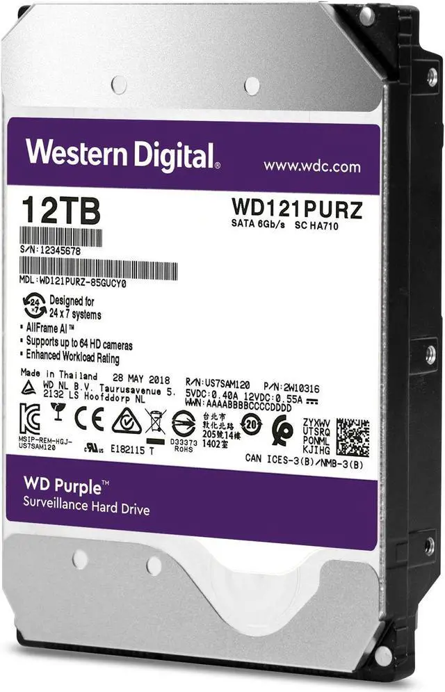 Alt view image 2 of 5 - Western Digital 12TB WD Purple Surveillance Internal Hard Drive HDD - SATA 6 Gb/s, 256 MB Cache, 3.5" - WD121PURZ