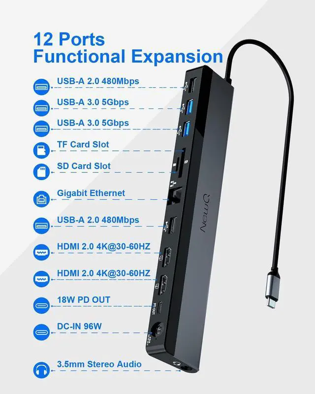 Alt view image 2 of 5 - USB C Docking Station Dual Monitor with 96W Power Adapter: NewQ 12-in-1 Thunderbolt 3 | 4 Dock, Dual 4K HDMI, 4 USB, Audio, RJ45, SD/TF Slot, 18W PD Out, for Mac, HP, Dell, Lenovo, Surface, Asus, Acer