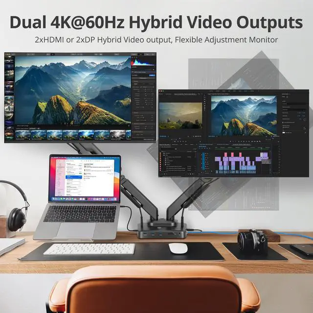 Alt view image 4 of 5 - SIIG Dual 4K 60Hz Hybrid Universal Docking Station with Dual Monitor Gas Spring Desk Mount Arm - 17" to 32" - 2 DP/ 2HDMI - PD100W - USB-A/C 10G - For Mac M1/M2/M3 Pro & Max and Windows (CE-MTDK01-S1)