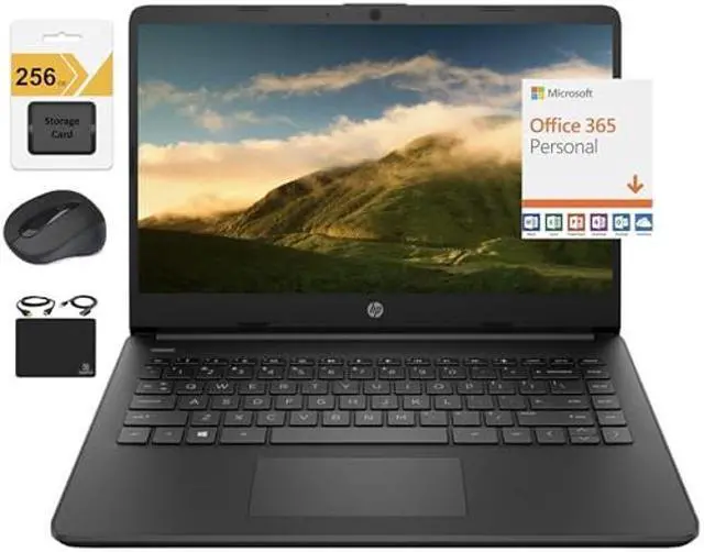 Main image of HP Newest 14" HD Ultra Light Thin Laptop, Quad-Core Intel Celeron Processor, 16GB RAM, 320GB (64GB eMMC+ 256GB Card), Wi-Fi, Upto 11 Hours, Windows 11 S + 1 Year Office 365+HubxcelAccessory, Black